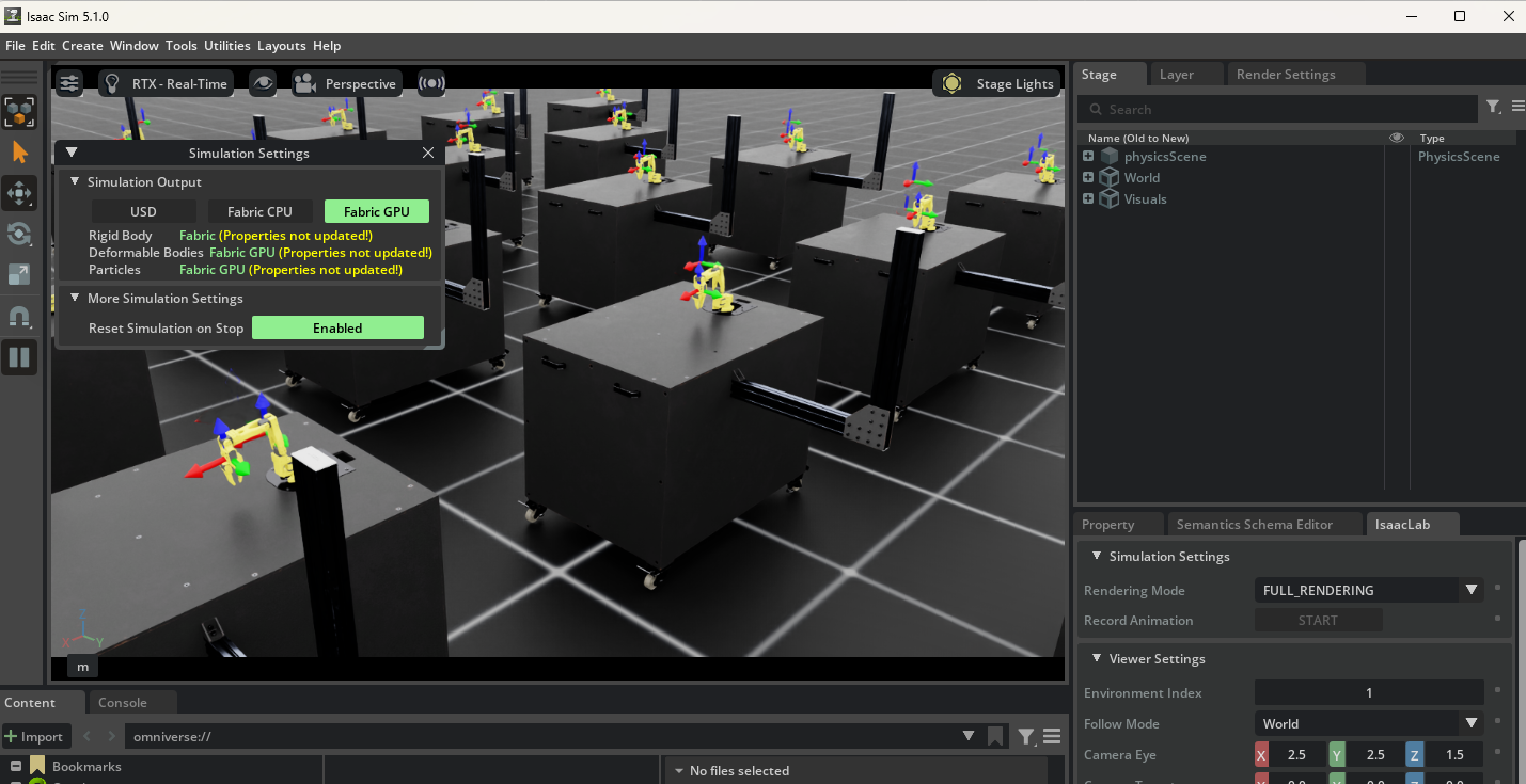 Isaac Sim environment used to simulate the SO-101 arm